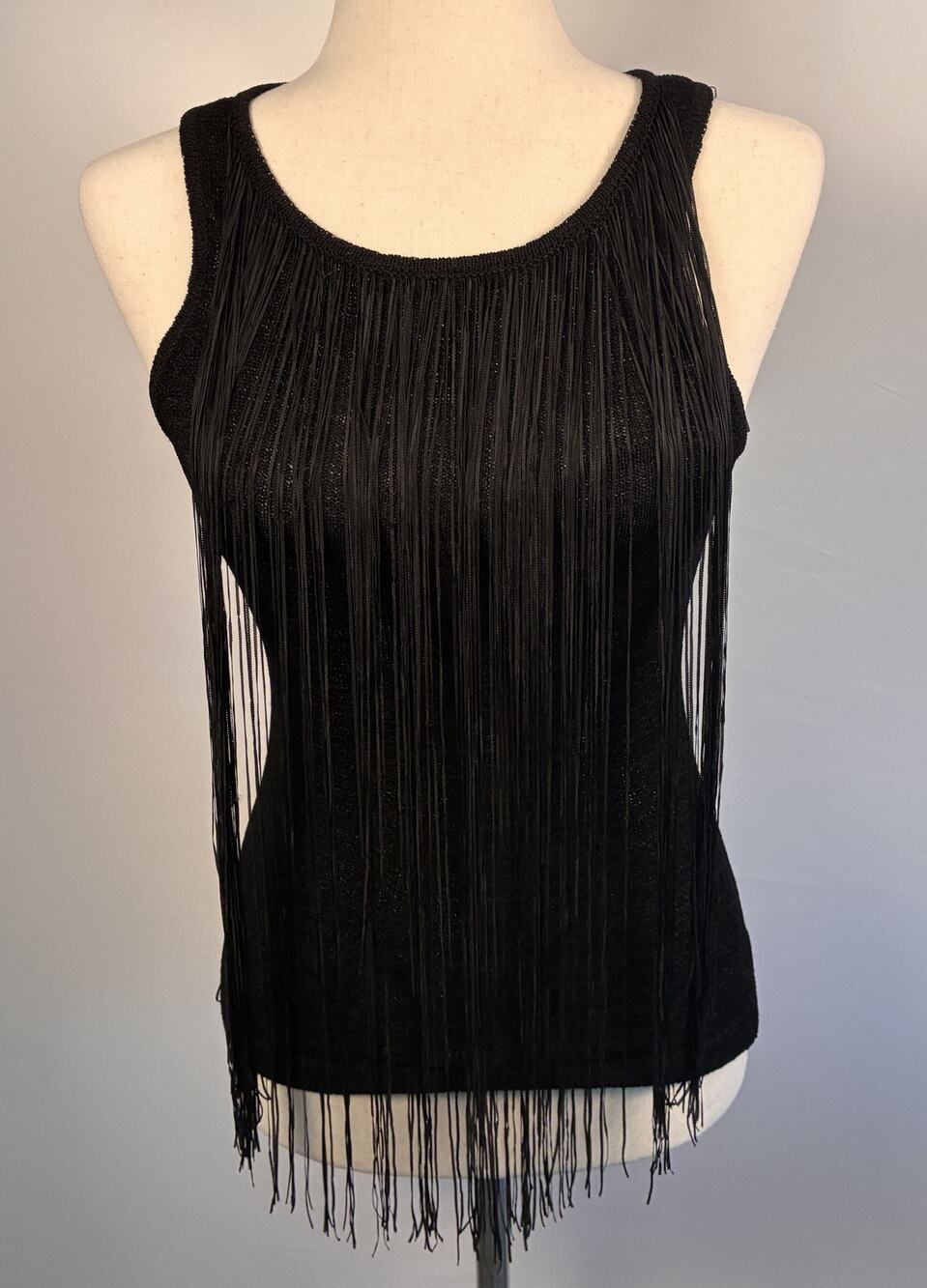 Vintage Bebe Black Fringe Knit Tank Top Medium Sleeveless Keyhole Back